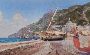 Amalfi, vissersboten op het strand door Heinrich Hermanns