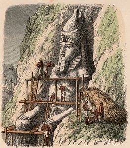 Oud Egypte: Beeldhouwwerk van een standbeeld van de Abu Simbel Tempel, 1866