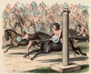 Oud Griekenland: Sport: Op- en afstijgen van een paard in volle vaart door Heinrich Leutemann