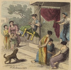 Oud-Griekse tijdverdrijven (gekleurde gravure)