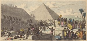 Bouw van de piramides in het oude Egypte (gekleurde gravure)