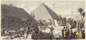 Bouw van de piramides in het oude Egypte (gekleurde gravure)