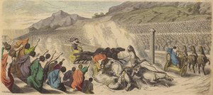 Wagenrennen tijdens de Olympische Spelen in het oude Griekenland (gekleurde gravure)