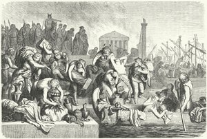 Vertrek van een Vandaalse vloot beladen met buit uit een geplunderde stad door Heinrich Leutemann