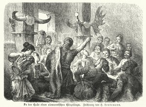 Feest in de hal van een Germaanse stamhoofd (gravure) door Heinrich Leutemann