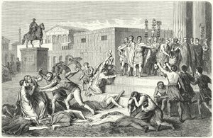 Het triumviraat van Marcus Antonius, Marcus Aemilius Lepidus en Octavianus die proscripties uitroepen tegen hun politieke vijanden, 43 v.Chr. door Heinrich Leutemann