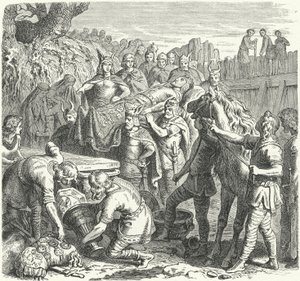 De begrafenis van Alarik I, koning van de Visigoten, in de bedding van de rivier Busento, 410 door Heinrich Leutemann