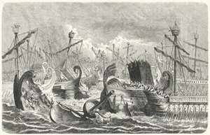 Overwinning van de Romeinse vloot op de Carthagers bij de Slag bij de Aegates, 241 v.Chr. (gravure) door Heinrich Leutemann