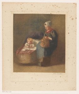 Handwerkende vrouw naast een kind een wieg