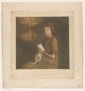 Meisje met een kat op schoot door Heinrich M. Krabbé (signed by artist)
