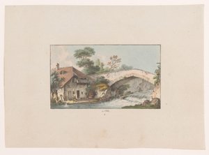 Gezicht op een huis bij een brug te Orbe