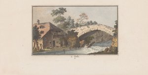 Huis naast een brug over een rivier te Orbe