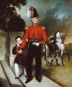 Generaal Sir James Dennis (1778-1855) met zijn zoon, een syce leidt zijn paard weg 1843