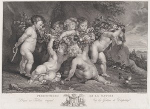 Zeven putti die een slinger van fruit dragen door Heinrich Schmitz
