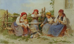 Vrouwen en kinderen met spelende kat