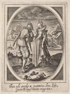 Een man stapt naar een vrouw die een beker naar haar mond brengt, een watermolen en berg..., ca. 1585-1621 door Heinrich Ulrich
