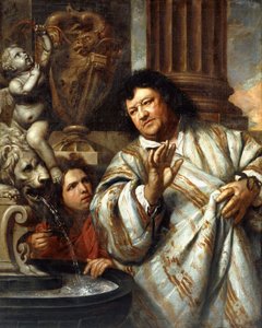Portret van admiraal Cornelius Tromp en een bediende naast een fontein