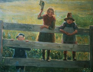 Drie kleine kinderen bij het hek door Helga Ring Reusch