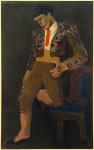 Torero leunt met een knie op een stoel door Helmut Kolle