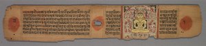 Blad uit een Jain-manuscript: Yoga-shastra: Gele zittende Jina Shantinatha in een schrijn door Hemachandra
