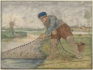 Een visser die zijn net binnenhaalt door Hendrick Avercamp