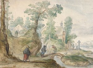 Een bebost rivierlandschap met een kerk en figuren, ca. 1613