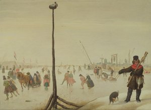 Een eendenjager en zijn hond in een winterlandschap door Hendrick Avercamp