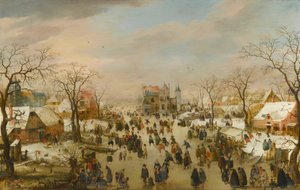 Een panoramisch winterlandschap met een veelheid aan figuren op een bevroren rivier door Hendrick Avercamp