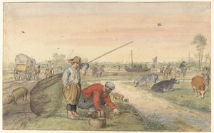 Landschap met twee palingvissers bij een sloot