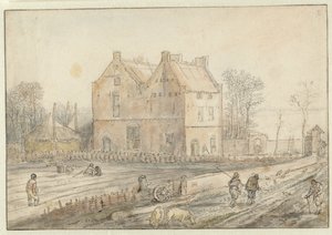 Gezicht op een landhuis met zaaigoed in het veld door Hendrick Avercamp