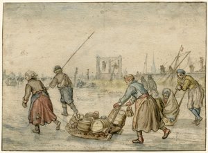 Winterlandschap met twee vrouwen en een slee en andere figuren op het ijs, een galg in de verte