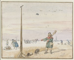 Winterlandschap met een eendenjager met wild in zijn riem en zijn geweer over zijn schouder aan de oever van een bevroren rivier