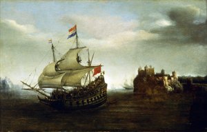 Een Nederlands schip zeilend nabij een kasteel, nabij een rotsachtige kust