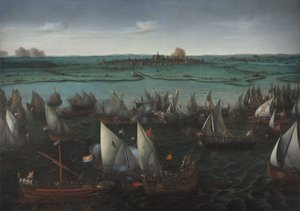 Slag tussen Nederlandse en Spaanse schepen op het Haarlemmermeer door Hendrick Cornelisz. Vroom