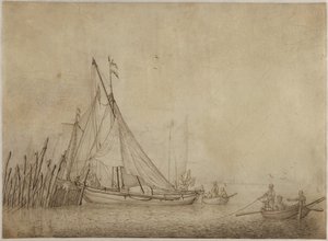Schepen bij een visstuw met een stad op de achtergrond door Hendrick Dubbels