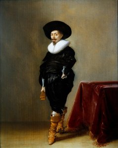 Een portret van een heer in een zwart kostuum met een kraag