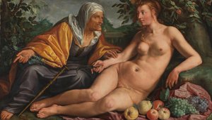 Vertumnus en Pomona door Hendrick Goltzius (signed by artist)