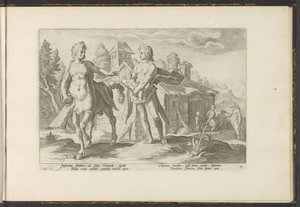 Apollo vertrouwt Asclepius toe aan Chiron door Hendrick Goltzius (workshop of)