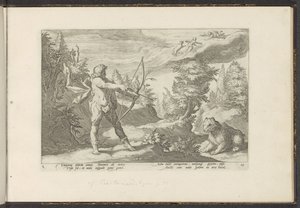 Arcas richt zijn pijl op Callisto door Hendrick Goltzius (workshop of)