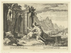 Cadmus vraagt het orakel van Delphi wat hem te doen staat nu hij zijn zuster Europa niet heeft kunnen vinden door Hendrick Goltzius (workshop of)