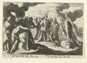 Goden verzoeken de zonnegod om weer in zijn wagen te rijden door Hendrick Goltzius (workshop of)