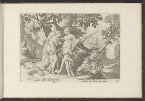 Jupiter verleidt Callisto in de gedaante van Diana door Hendrick Goltzius (workshop of)