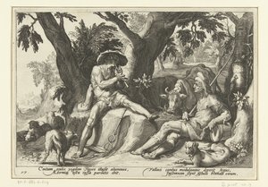 Mercurius speelt fluit voor Argus door Hendrick Goltzius (workshop of)