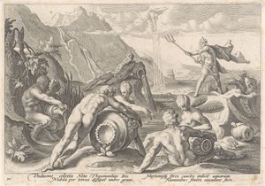 Neptunus geeft de riviergoden opdracht een zondvloed te veroorzaken (serietitel) door Hendrick Goltzius (workshop of)
