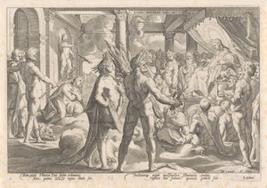 Phaëthon vraagt Apollo of hij in diens wagen mag rijden door Hendrick Goltzius (workshop of)