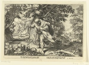 Tiresias slaat twee parende slangen door Hendrick Goltzius (workshop of)