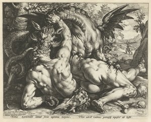 Metgezellen van Cadmus door een draak verslonden door Hendrick Goltzius