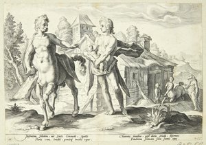 Apollo vertrouwt Cheiron de opleiding van Asklepios toe door Hendrick Goltzius