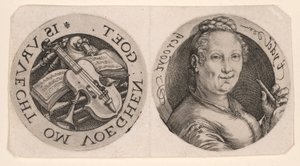 Borstbeeld van een vrouw met een fluit en muziekinstrumenten, op één blad door Hendrick Goltzius