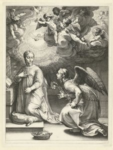 De annunciatie (Het vroege leven van Maria, Meesterstukken) door Hendrick Goltzius